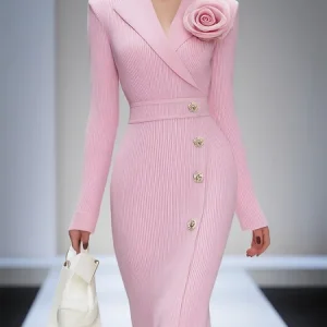Elegant Plain Lapel Collar Knee Length Sweater Dress With 3D Floral Brooch, Midi Dresses, color:Pink|size:XXL, Stylewe