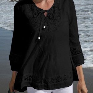 Women Floral Long Sleeve Tee T-shirt Crew Neck Jacquard Casual Spring/Fall Top, JustFashionNow T-Shirts, color:Black|size:5XL