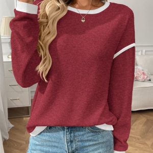 Casual Color Block Crew Neck Long Sleeve T-shirt, T-shirts, color:Wine Red|size:XXL, catalog Noracora shop