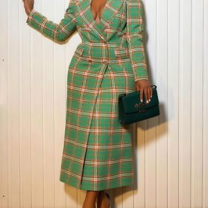 Urban Plaid Printing Lapel Collar Maxi Dress, Coats, color:Green|size:XXL, Stylewe