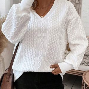 Vintage V Neck Geometric Sweatshirt Jacquard, Hoodies & Sweatshirts, color:White|size:4XL, catalog Noracora shop