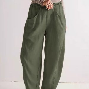 Women Plain Long Elastic Waist Pants Casual Spring/Fall Trousers, Pants, color:darkgreen|size:3XL, catalog Noracora shop