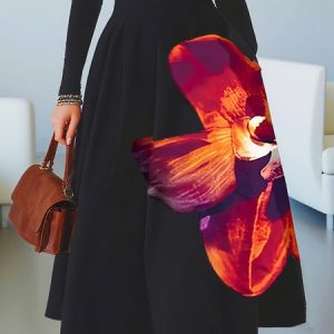 Elegant Printing Floral Midi Skirt, Skirts, color:Black|size:XXL, Stylewe