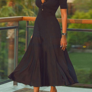 High Elasticity Crew Neck Short sleeve Elegant Midi Dress, Midi Dresses, color:Black|size:XXL, Stylewe