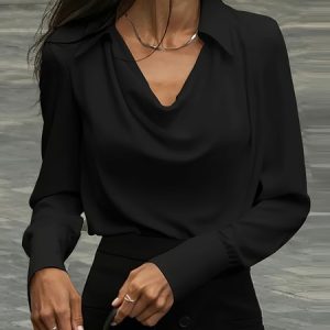 Cowl Neck Long Sleeve Plain Regular Micro-Elasticity Loose Shirt For Women, Shirts, color:Black|size:XXL, catalog Noracora shop