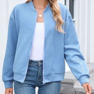Women Spring/Fall Outerwear Casual Plain Long Sleeve Stand Collar Jacket, Jackets, color:Blue|size:XXL, catalog Noracora shop
