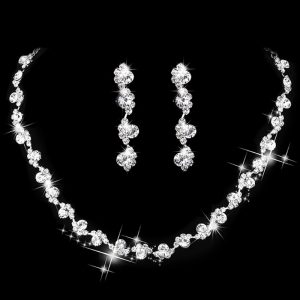 2PCS Rhinestone Wave Chain Necklace & Stud Drop Earrings Evening Party Wedding Jewelry Set, women Necklace & Pendant, ChicMe catalog
