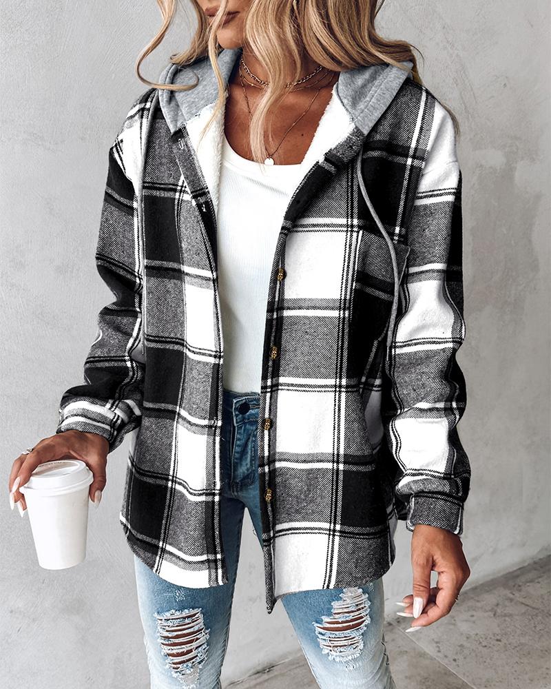 Plaid Pattern Long Sleeve Shacket Button Down Fleece Lined Hooded Jackets Warm Coat, women Jackets & Coats, ChicMe catalog - Image 4