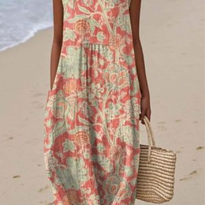 Women Floral Summer Dress Crew Neck Sleeveless A-Line Dress, Dresses, color:Orange|size:4XL, catalog Noracora shop