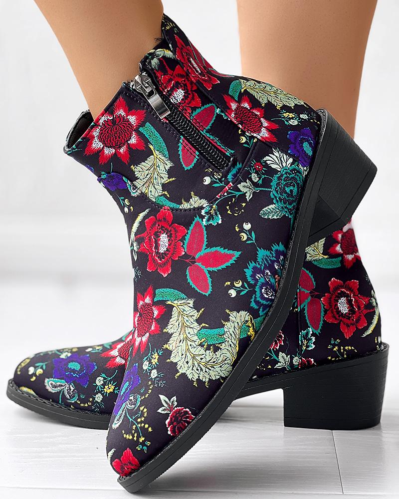 Vintage Floral Tribal Pattern Zipper Back Ankle Boots, women Boots, ChicMe catalog - Image 2