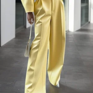 Urban Plain Wide Leg  Faux Leather Pants, Pants, color:Light Yellow|size:XXL, Stylewe