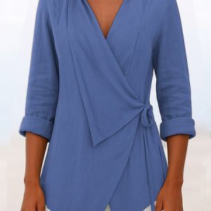 V Neck Long Sleeve Plain Regular Micro-Elasticity Regular Fit Shirt For Women, Shirts, color:Blue|size:3XL, catalog Noracora shop