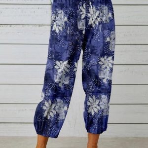 Women Geometric Ankle Pants Elastic Waist Pants Vintage Spring/Fall Trousers, Pants, color:Blue|size:3XL, catalog Noracora shop
