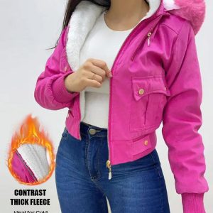 High Neck Zip Up Faux Fur Trim Hoodie Jacket Casual Flap Pockets Design Fleece Lined Coat Crop Outerwear, women Jackets & Coats, ChicMe catalog