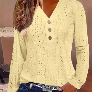 V Neck Long Sleeve Plain Regular Micro-Elasticity Loose Blouse For Women, T-shirts, color:Yellow|size:XXL, catalog Noracora shop