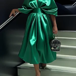 Elegant Plain Satin Ruched V Neck Midi Dress, Midi Dresses, color:Green|size:XXL, Stylewe