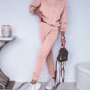 2 Pieces Outfit Letter Patch Detail Drop Shoulder Drawstring Hoodie Sweatshirt and Elastic Waist Pants Set Casual Jacquard Sweatshirt Set, women Two-piece Sets, ChicMe catalog