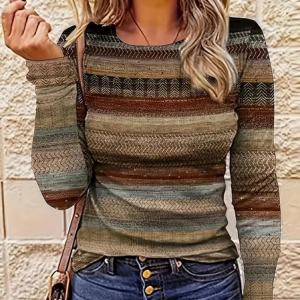 Women Abstract Long Sleeve Tee T-shirt Crew Neck Printing Casual Spring/Fall Graphic Tee Top, JustFashionNow T-Shirts, color:Brown|size:XXL,