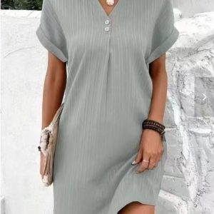 Women Plain Summer Split Joint Dress V Neck Short Sleeve Tank A-Line Dress, Dresses, color:Gray|size:3XL, catalog Noracora shop