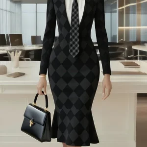Urban Plain Buttoned Shirt Collar Midi Dress With Tie, Midi Dresses, color:Black|size:XS, Stylewe