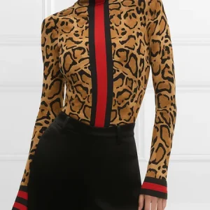 Casual Leopard Printing Mock Neck T-shirt, Tees, color:Brown|size:XXL, Stylewe