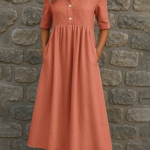 Women Plain Summer Dress Shirt Collar Short Sleeve A-Line Dress, Dresses, color:Red|size:3XL, catalog Noracora shop