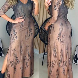 Ombre & Plants Print V-Neck Three Quarters Sleeve Side Slit Vacation Dress, women Maxi Dresses, ChicMe catalog