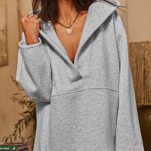 Hooded V Neck Long Sleeve Sweatshirt Casual Pocket Design Loose Fit Top, women Sweats & Hoodies, ChicMe catalog