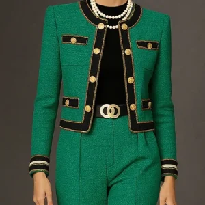 Elegant Tweed Buttoned Color Block Crew Neck Jacket, Jackets, color:Green|size:XXL, Stylewe
