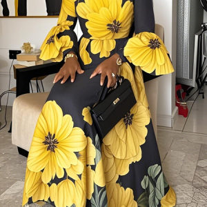 Elegant Floral  Printing Crew Neck Maxi Dress, Maxi Dresses, color:As Picture|size:XXL, Stylewe