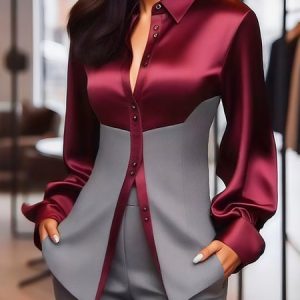 Satin Urban Color Block Split Joint Shirt, Blouses and Shirts, color:Wine Red|size:XXL, Stylewe