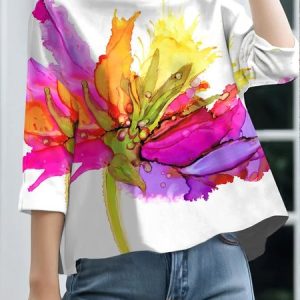 Plus size Floral Crew Neck Casual Shirt, Plus Tops, color:As Picture|size:4X, Stylewe