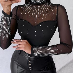 Rhinestone Decor Sheer Mesh Patch Bodysuit, women Bodysuit, ChicMe catalog