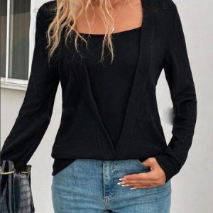Women Plain Long Sleeve Tee T-shirt Crew Neck Split Joint Vintage Spring/Fall Top, JustFashionNow T-Shirts, color:Black|size:XXL