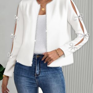 Rhinestone Bowknot Decor Open Front Rhinestone Trim Design Jacket Casual Hollow-out Long Sleeve Crop Coat, women Jackets & Coats, ChicMe catalog