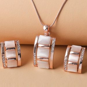 2PCS Square Opal Trendy Pendant Necklace & Earrings Jewelry Set, women Necklace & Pendant, ChicMe catalog