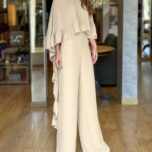2 Pieces Outfit High Neck Hollow-out Back Ruffles High-Low Hem Cape and Casual Elastic Back Waist Wide Leg Pants Set, women Two-piece Sets, ChicMe catalog