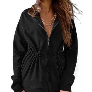Long Sleeve Waist Drawstring Hooded Coat Casual Loose Fit Cardigan Jacket with Pockets, women Sweats & Hoodies, ChicMe catalog