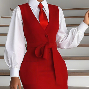 Cotton Urban Plain Buttoned Shirt With Tie, Blouses and Shirts, color:White|size:XXL, Stylewe