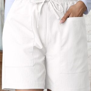 Casual Plain Natural Lace-up Straight Pants Shorts, Shorts, color:White|size:XXL, catalog Noracora shop