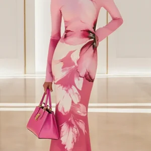 Elegant Floral Printing Midi Dress, Midi Dresses, color:Pink|size:XXL, Stylewe