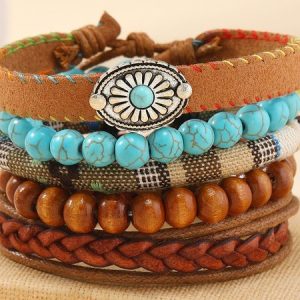 Turquoise Summer New Hot Sale Simple Fashion Bohemian Small Flower Style Turquoise Beaded Wooden Bead Five-piece Bracelet, Bracelet Set, color:Multicolor|size:One-size, catalog Noracora shop
