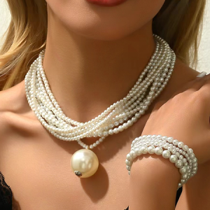 Pearl necklace and bracelet set, Necklaces, color:White|size:One-size, Stylewe