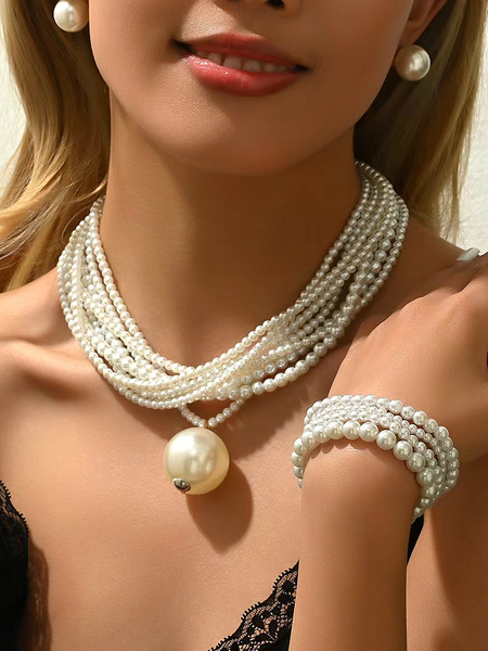 Pearl necklace and bracelet set, Necklaces, color:White|size:One-size, Stylewe