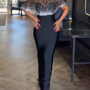 2 Pieces Outfit Zipper Back Slit Slim Fit Strapless Maxi Dress and Rhinestone & Pearls Decor High Neck Zipper Back Sheer Mesh Poncho Cape, women Two-piece Sets, ChicMe catalog