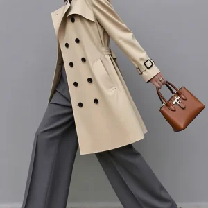 Urban Buttoned Plain Shirt Collar Trench Coat With Belt, Trench Coats, color:Khaki|size:XXL, Stylewe