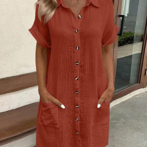 Women Plain All Season Dress Shawl Collar Short Sleeve Shirt Dress H-Line Dress, Dresses, color:Deep Brown|size:3XL, catalog Noracora shop