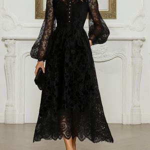 Elegant Buttoned Balloon Sleeve Lace Mock Neck Midi Dress, Midi Dresses, color:Black|size:XXL, Stylewe