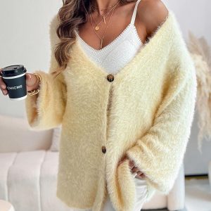 V-Neck Single Breasted Fuzzy Cardigan Casual Sweater Coat, women Sweaters & Cardigans, ChicMe catalog
