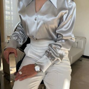 Satin Elegant Plain Shirt Collar Shirt, Blouses and Shirts, color:Silver|size:XXL, Stylewe